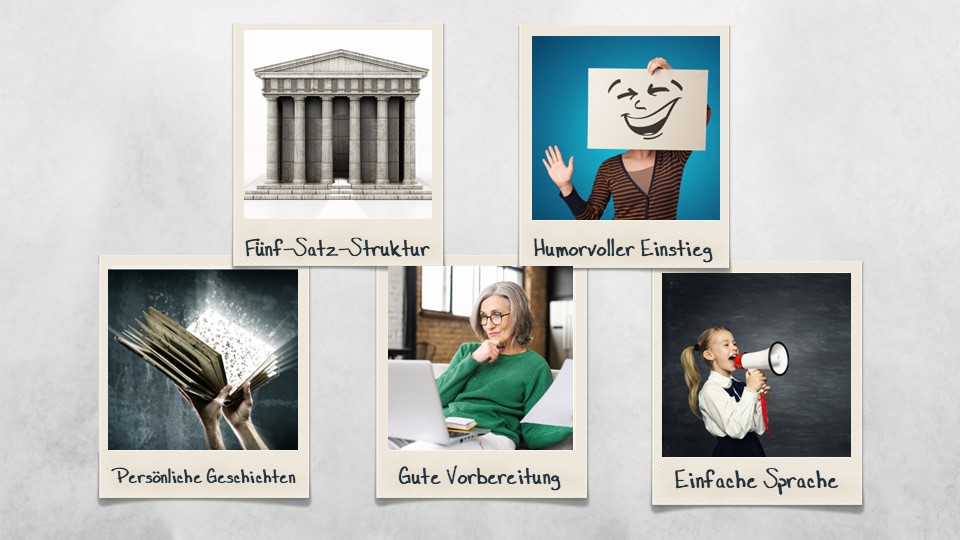 Grafik mit fünf zentralen Tipps für eine humorvolle Trauzeugenrede: Fünf-Satz-Struktur, humorvoller Einstieg, persönliche Geschichten, gute Vorbereitung, einfache Sprache