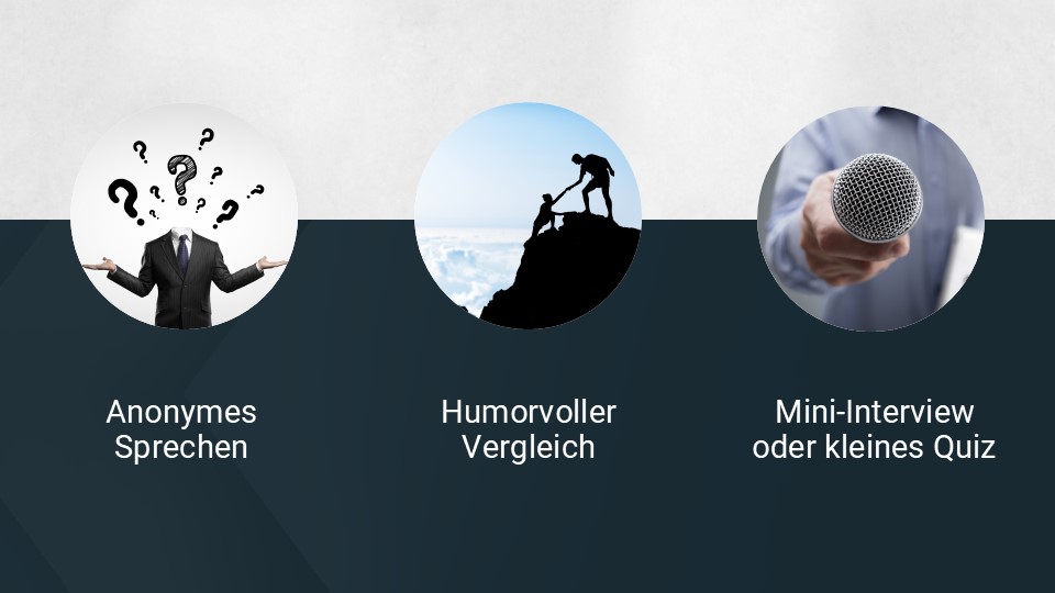 Drei kreative Ideen für eine humorvolle Trauzeugenrede: Anonymes Sprechen, humorvoller Vergleich und Mini-Interview oder kleines Quiz – grafisch dargestellt mit passenden Symbolbildern