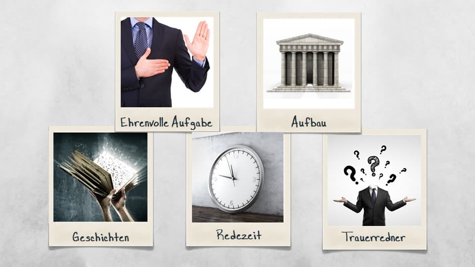 Visualisierung der fünf Grundlagen einer Trauerrede: Ehrenvolle Aufgabe, Aufbau, Geschichten, Redezeit und Trauerredner