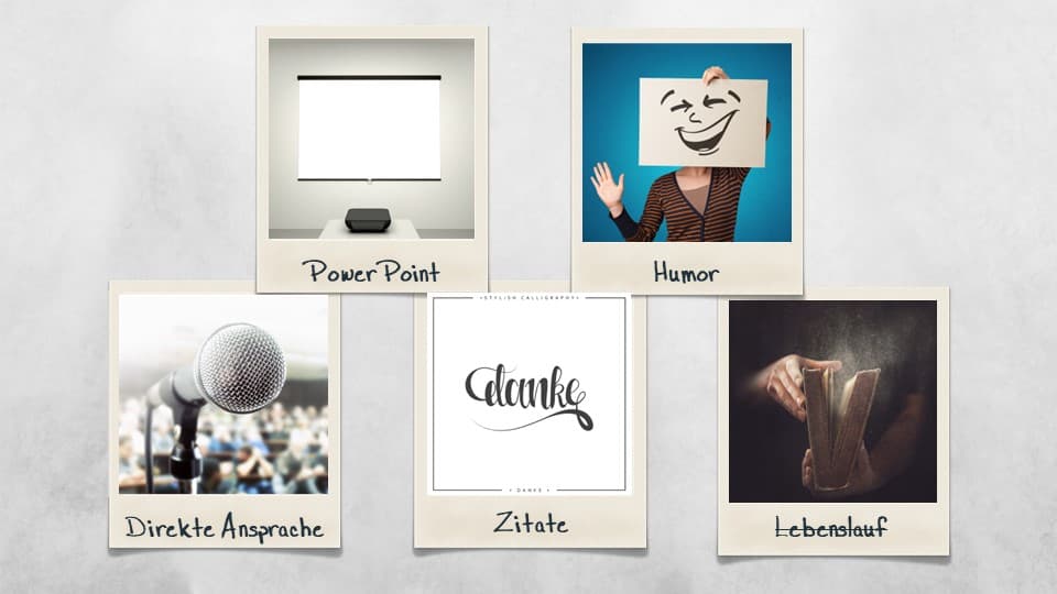 Grafik mit fünf Tipps für Trauerreden: PowerPoint zur visuellen Unterstützung, Humor als Stilmittel, direkte Ansprache des Verstorbenen, passende Zitate und der Verzicht auf einen vollständigen Lebenslauf.